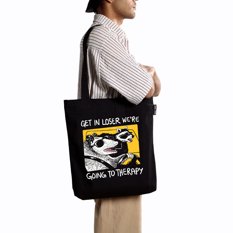 Get in loser, We are going to Therapy | Black Zipper Tote Bag