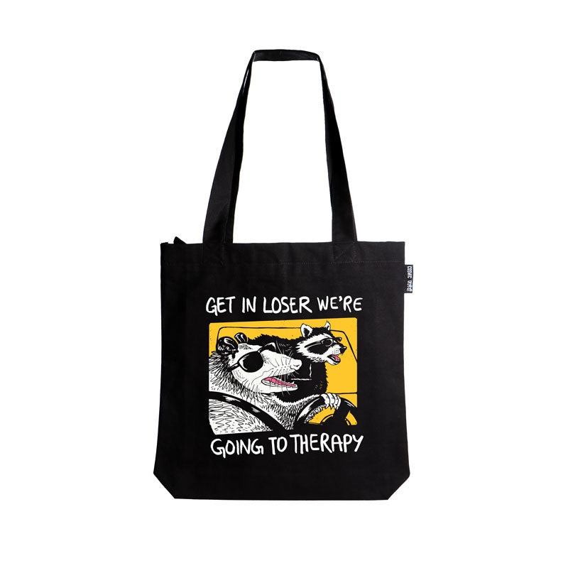 Get in loser, We are going to Therapy | Black Zipper Tote Bag